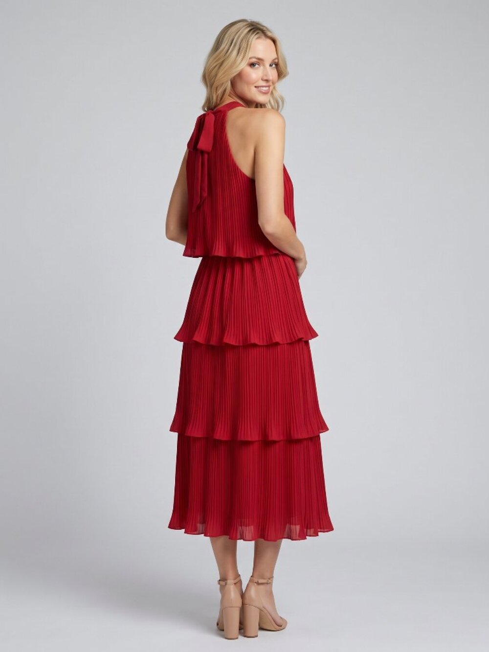 Women's Red Halter Neck Tiered Pleated Chiffon Midi Dress Flowy Party Dress